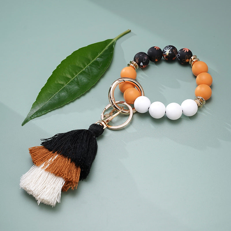 Wholesale Colorful Silicone Beads Three Layers Tassel Beaded Wrist Keychain